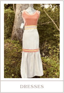 Model wearing a long custom dress